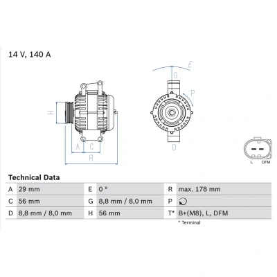 Abbildung von BOSCH 0 986 046 180 Lichtmaschine 14V 140A AUDI: A4 B6 Avant, B7 Saloon, VOLKSWAGEN: Sharan II, GOLF 6, Passat Variant
