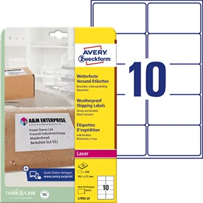 Abbildung von AVERY Zweckform L7992 25 wetterfeste Versandetiketten/ Versandaufkleber (250 Etiketten, 99,1x57mm auf A4, bedruckbar, selbstklebend, für DIN B4/C4 Umschläge und Versandrollen) Blatt, weiß