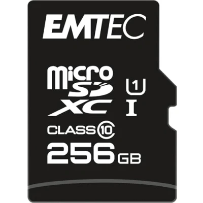 Abbildung von EMTEC ECMSDM256GXC10GP microSD Karte Klasse 10, Elite Gold Serie, UHS I U1, mit Performance Adapter, Lesegeschwindigkeit bis zu 90MB/s, Schwarz/Gold, 256 GB