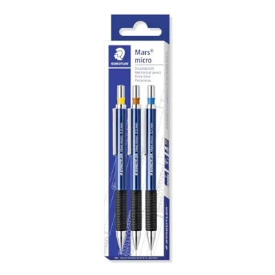Abbildung von STAEDTLER Mars micro 775 SC WP3 Druckbleistift, rutschfeste Gummigriffzone, Set mit 3 Linienbreiten 0.3, 0.5, 0.7, blau, nachfüllbar, taschensicher, bruchgeschützt, hohe Qualität