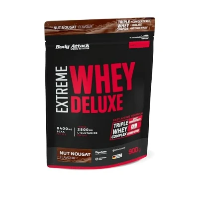 Abbildung von Body Attack Extreme Whey Deluxe Nut Nougat, 900g Made in Germany Eiweißpulver mit Aminosäuren, Triple Complex, CFM Isolate, perfekt lösliches Protein Pulver, fettarm, zuckerarm