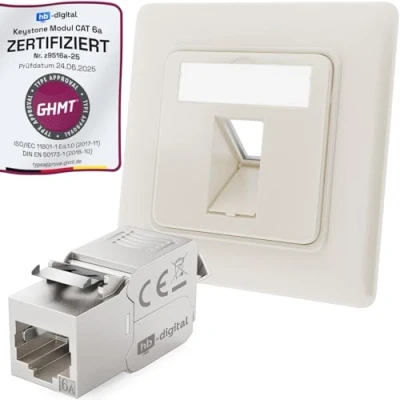 Abbildung von hb digital CAT 6a Netzwerkdose unterputz 1 Port RAL9010 reinweiß + 1x Keystone RJ45 Modul LAN Ethernet Dose Buchse Einbaubuchse für 5e 6 500MHz 10 Gbit/s STP