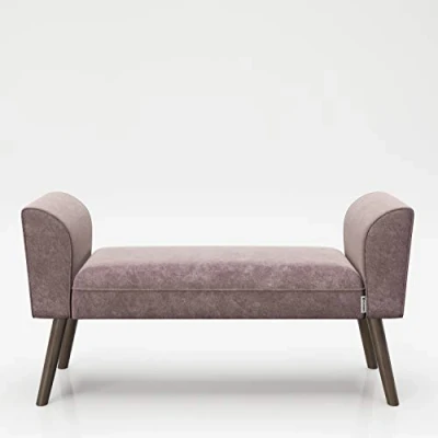 Abbildung von PLAYBOY Sitzbank mit Samtüberzug in Lila, Purple und stabilen Massivholzfüssen, gepolsterte Bank aus Stoff, Sitzhocker, Fusshocker Samt, Retro Design, Club Stil für Diele Eingangsbereich