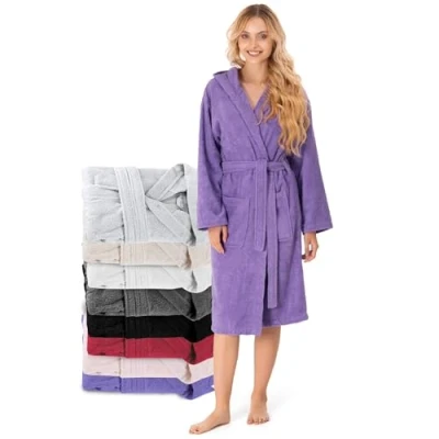 Abbildung von Bademantel Damen 100% Baumwolle (350g/m²) OEKO TEX® Zertifiziert Morgenmantel mit Kapuze, 2 Taschen, Gürtel Lila XL