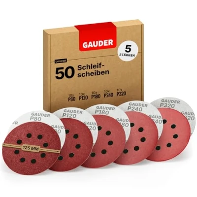 Abbildung von GAUDER Starter Schleifscheiben Set für Exzenterschleifer Ø 125mm 50 Stück Schleifpapier Klett 8 Loch Schleifblätter rund je 10 x 80/120/180/240/320 Körnung