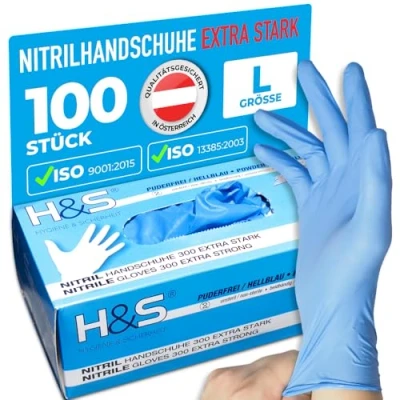 Abbildung von ISC Hygiene &amp; Safety Nitrilhandschuhe EXTRA stark, Einweghandschuhe, Einmalhandschuhe 100 Stück Größe 9 L, blau puderfrei non latex latexfrei Gummihandschuhe Einweg