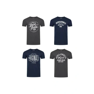 Abbildung von JACK &amp; JONES Tshirt Herren Regular Fit JJLINO 4er Pack Set Rundhals Kurzarm Sommer Tee Shirt Print, Größe:S, Farbe:Pack 6