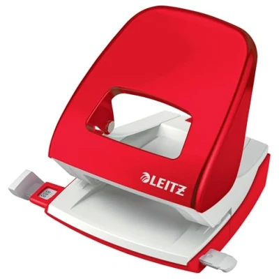 Abbildung von Leitz Büro Locher aus Metall, Für 30 Blatt, Anschlagschiene mit Formatvorgaben, Büro, Home Office &amp; Schule, Metallic Rot, WOW Serie, 50081026