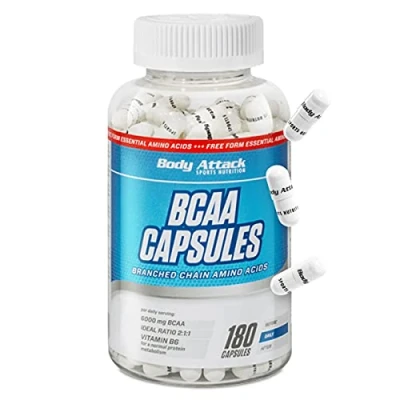 Abbildung von BODY ATTACK BCAA CAPSULES 180 Kapseln Made in Germany hochdosierte 6000 mg verzweigtkettige Aminosäuren, 2:1:1 Verhältnis, mit Vitamin B6