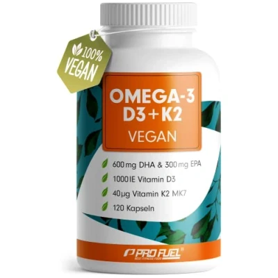 Abbildung von Omega 3 vegan + D3 &amp; K2 (120x), 1100mg Algenöl mit 600mg DHA 300mg EPA 1000 IE Vitamin 40 µg O3 Essentials Kapseln hochdosiert, bioverfügbar laborgeprüft