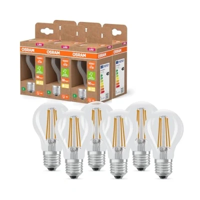 Abbildung von Osram LED Superstar Classic Lampe A 75 in klassischer Kolbenform, klarer Glaskörper, 5 W, 1055 lm, E27 Fassung, 2700 K für warmweißes Licht, EEK A, 60 mm Durchmesser, 6 Pack