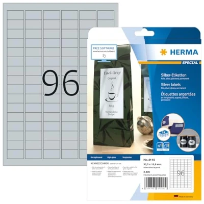 Abbildung von HERMA 4110 Wetterfeste Folienetiketten silber, 25 Blatt, 30,5 x 16,9 mm, 96 pro A4 Bogen, 2400 Stück, selbstklebend, bedruckbar, glänzend, blanko Klebeetiketten Aufkleber aus Folie