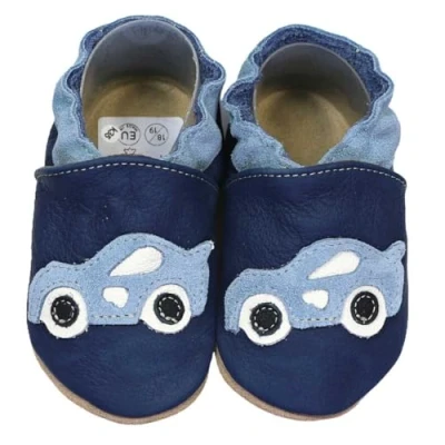 Abbildung von HOBEA Germany Krabbelschuhe für Jungs und Mädchen in verschiedenen Designs, Kinderhausschuhe, Lederschuhe, Schuhgröße:20/21, Modell Schuhe: Rennauto dunkelblau