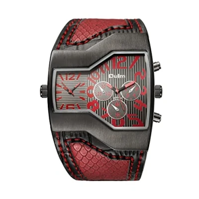 Abbildung von JewelryWe Herrenuhren Analog Quarz Zwei Zeitzonen Armbanduhr Rot Breit Leder Armband Sportuhr Männer Uhren mit Digital Zifferblatt Geschenk