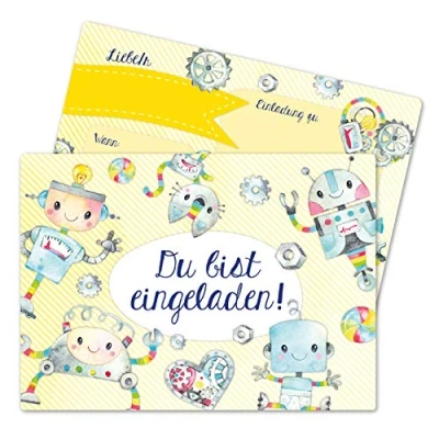 Abbildung von Papierdrachen 12 Einladungskarten zum Kindergeburtstag für Jungen Motiv Roboter Geburtstagseinladungen deine Geburtstagsparty (DIN A6)