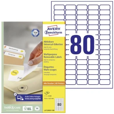 Abbildung von AVERY Zweckform L4732REV 100 Universal Etiketten (8.000 Klebeetiketten, 35,6x16,9mm auf A4, wieder rückstandsfrei ablösbar/abziehbar, individuell bedruckbare, selbstklebende Aufkleber) Blatt, weiß