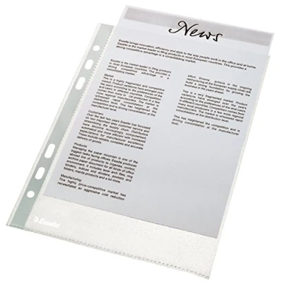 Abbildung von Esselte Prospekthüllen Set, 100 Stück, A5 Format mit Universal Lochung, Farblos matter Oberfläche, 0,043 mm PP Folie, 23782