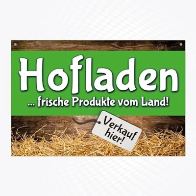 Abbildung von Hochwertiges Schild aus Alu Dibond &quot; HOFLADEN Verkauf hier 300 x 200 mm rechteckig Hinweisschild farbig mit Lochbohrung