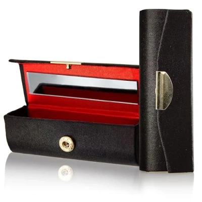 Abbildung von Lippenstiftbox mit Spiegel: Lippenstift Organizer Schwarz Make Up Spiegel Makeup und Schmuck Aufbewahrungsbox aus Samt Taschenspiegel, Lippenstiftetui Länge 8,7cm von Fantasia