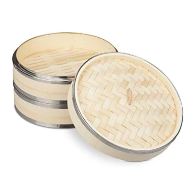 Abbildung von Relaxdays Bambus Dampfgarer, 2 Etagen, mit Metallringen, asiatischer Dampfkorb für Reis, Dim Sum, Gemüse, Ø25,5cm, natur, Hellbraun, Silber
