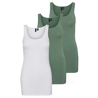 Abbildung von VERO MODA Damen VMMAXI My Soft Long Tank TOP GA 3er Pack 10229554, Bright White/Laurel Wreath &amp; L, XL