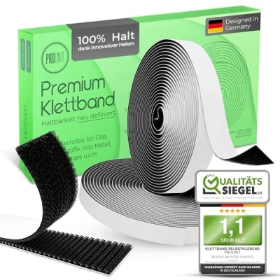 Abbildung von ProUnit® Klettband selbstklebend Extra Stark (5m x 20mm Schwarz) Vielseitig einsetzbar. Klettverschluss klebe Klett Klebeband