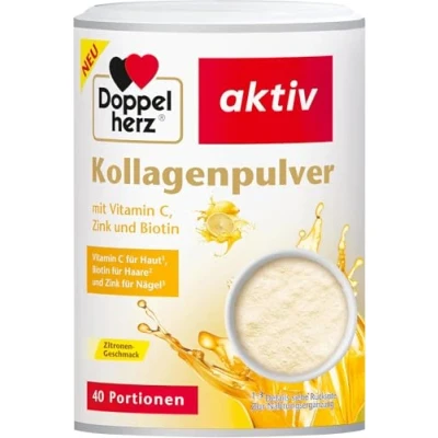 Abbildung von Doppelherz Kollagenpulver mit Vitamin C, Zink und Biotin, 5000 mg Kollagenhydrolysat je 7,5 g Pulver, 40 Portionen, Zitronen Gechmack, 300