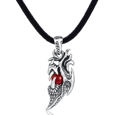 Abbildung von DonDon Herren Lederkette Leder Halskette 50 cm mit Edelstahl Anhänger Drachen Zahn roter Kugel