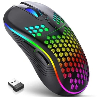 Abbildung von JYCSTE Kabellose Gaming Maus, wiederaufladbare Computermaus Ergonomische Maus Honeycomb Design mit RGB Hintergrundbeleuchtung, USB Empfänger, einstellbare DPI, für PC/Mac/Laptop (schwarz)