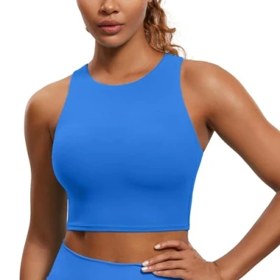 Abbildung von CRZ Yoga Damen Butterluxe Racerback Sport BH Gepolstert Ohne Bügel Crop Tops Longline Tank Top Fitness Sports Bra Funkelndes Blau 38