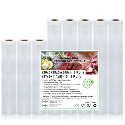 Abbildung von Vakuumierbeutel Vakuumierfolie Vakuumbeutel Lebensmittel Vakumierfolienrollen：KitchenBoss BPA Frei Sous Vide Beutel Folienrollen für Vakuumierer 8 Rollen 20x3/28x5/x300cm