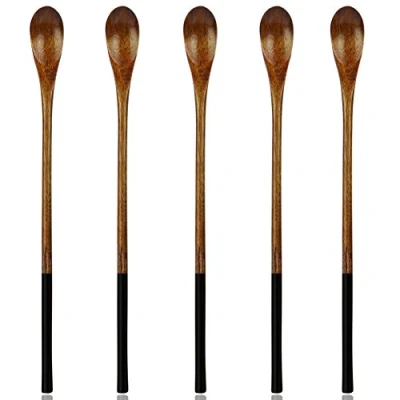 Abbildung von AOOSY Holzlöffel, Holz Langgriff Löffel 5 Stück Naturholz Rührlöffel Set für Kaffee Eis Tee Heiße Getränke (Dunkelbraun)