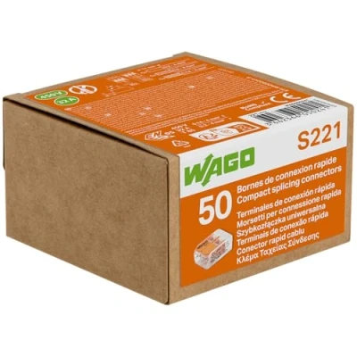 Abbildung von Box mit 50 WAGO Anschlussklemmen 2 Leiter Serie 221 Einfache und sichere Installation für alle Ihre Elektroprojekte