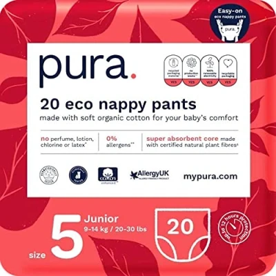 Abbildung von Pura Öko Baby Windelhöschen für Kleinkinder, Größe 5 (9 14 kg), 1 Packung (20 Windeln), Leicht Anzuziehen, weiche Baumwoll Trainingswindeln, mit EU Ecolabel Zertifiziert, Ohne Duftstoffe