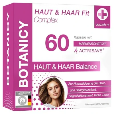 Abbildung von BOTANICY Haut und Haar Fit Complex Unterstützt gegen hormonelle Akne, Pickel &amp; Haarausfall Natürlicher Vitalstoffkomplex mit ACTRISAVE® Für Männer Frauen 60 Haare Kapseln