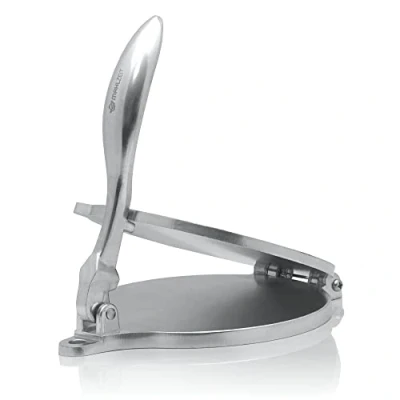 Abbildung von Mahlzeit Tortilla Presse Ø 20 cm aus Aluminium inkl. Backpapier leichte Taco für hausgemachte Tortillas, Tostones, Quesadillas, Roti, Empanadas, Maistortilla, mini Flatbread und Arepa