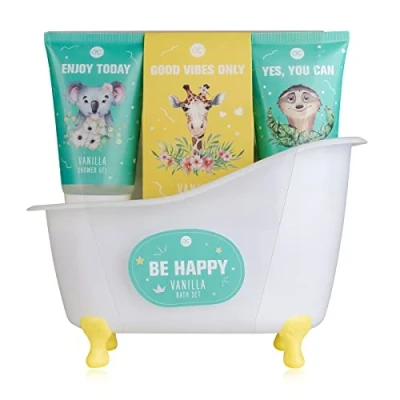 Abbildung von Accentra BE HAPPY Bade &amp; Duschset mit Vanilleduft Geschenk Set zur Entspannung für Frauen zum Geburtstag oder Weihnachten 5 Teiliges Wellness Pflegeset Mini Deko Badewanne