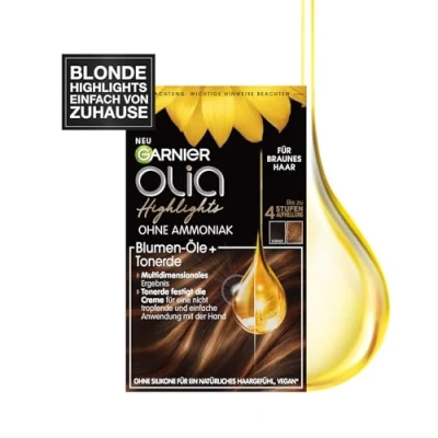 Abbildung von Garnier Haarfarbe Set für Strähnchen und Highlights in braunem Haar, Mit Blüten Ölen Tonerde, Ohne Ammoniak Silikone, Bis zu 4 Stufen Aufhellung, Olia, Braun