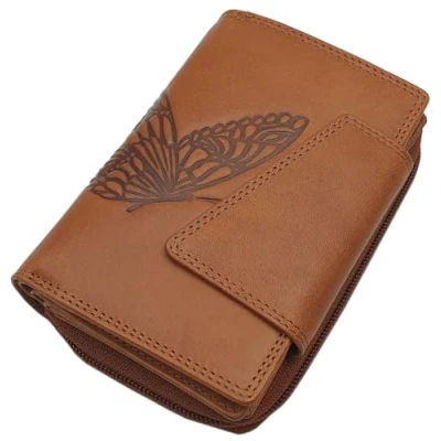 Abbildung von Echt Rindleder Damen Geldbörse/Geldbeutel/Portemonnaie/Geldtasche/Portmonee in Hochformat mit Schmetterling Motiv oder ohne RFID &amp; NFC Schutz (Schmetterling / Cognac)