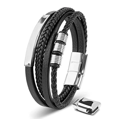 Abbildung von SERASAR Herren Armband 20cm Silber Männer Leder Armreif Lederband Herrenarmreif Armschmuck Schmuck Herrenschmuck Armkette Flecht Wickelarmband Armbändchen Bracelet