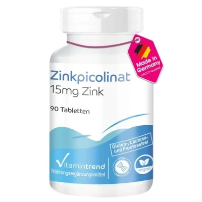 Abbildung von Zinkpicolinat mit 15mg Zink 90 Tabletten hochdosiert sichere Dosierung vegan bioverfügbare Supplements aus Deutschland Vitamintrend