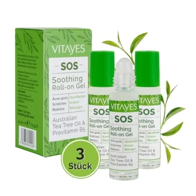 Abbildung von Vitayes SOS Teebaumöl Roller, Vitamin B5, gegen Akne flecken, Kratzer, Hautentzündungen, beruhigender Roll on Stift, Pickel, unreine Haut, Vegan, Hautrötungen, 3x 10ml