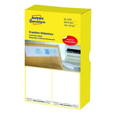 Abbildung von AVERY Zweckform 3439 Frankier Etiketten (Papier matt, 500 Etiketten, 130 x 40 mm) 1 Pack weiß