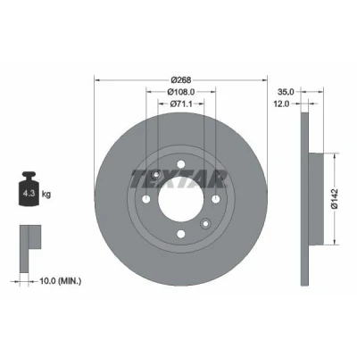 Abbildung von TEXTAR 92325903 Bremsscheibe 268 12 04/06 108 voll beschichtet ohne Radbefestigungsbolzen, Radnabe PEUGEOT: 2008 II, 208 II Hatchback