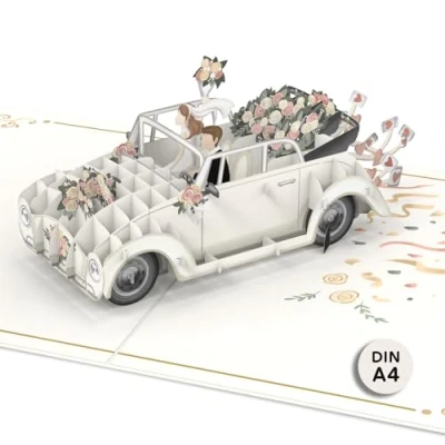 Abbildung von papercrush® DIN A4 XXL Pop Up Karte Hochzeitsauto Extragroße 3D Hochzeitskarte mit Auto „just married“, Glückwunschkarte zur Hochzeit, Geldgeschenk für Hochzeitsreise &amp; Flitterwochen von Brautpaar