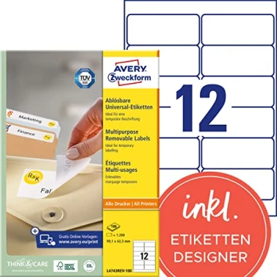 Abbildung von AVERY Zweckform L4743REV 100 Universal Etiketten (1.200 Klebeetiketten, 99,1x42,3mm auf A4, wieder rückstandsfrei ablösbar/abziehbar, individuell bedruckbare, selbstklebende Aufkleber) Blatt, weiß