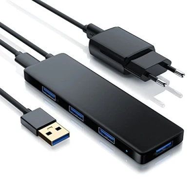 Abbildung von CSL USB 3.0 Hub mit Netzteil Ultra Slim 4 Port Verteiler Datenhub für PC PS4 Notebook Netbook Laptop Ultrabook Tablet MacBook Bus Powered Blue Power LED inkl.