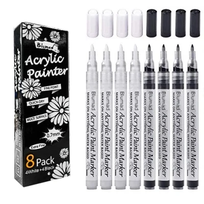 Abbildung von Schwarz Weiß Acrylstifte, 0,7mm Permanent Marker Stifte Wasserfest Dünne Spitze Acrylfarben Steine Bemalen , Keramik Holz Metall Papier Glas Stoffe Kunststoff Leder DIY 8 Stück