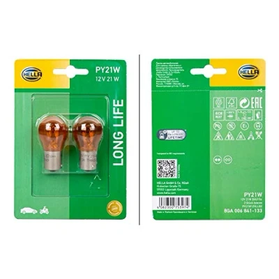 Abbildung von HELLA 8GA 006 841 133 Glühlampe, Blinkleuchte 12 21 PY21W BAU15s Halogen vorne und hinten CHEVROLET: Cruze Saloon, SMART: Fortwo II Coupe, VOLVO: C30