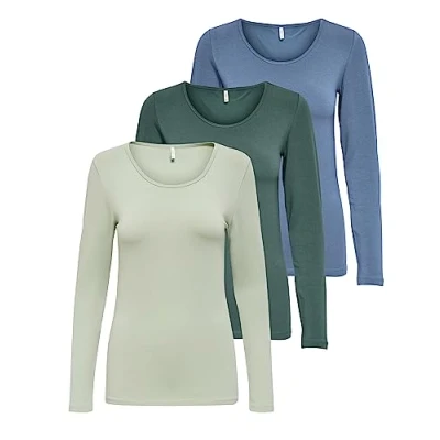 Abbildung von ONLY Damen Onllive Love LS O Neck TOP 3 Pack, Desert Sage/Balsam Green/China Blue, XS